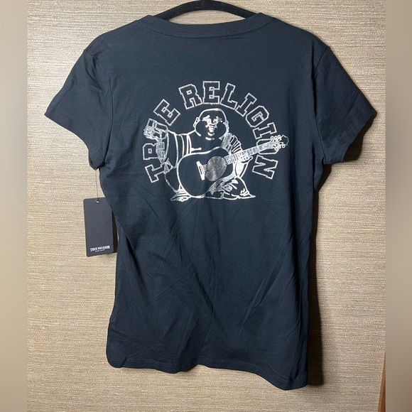 True Religion Cotton foil Buddha V-Neck T-Shirt black size medium nwt - Picture 1 of 10